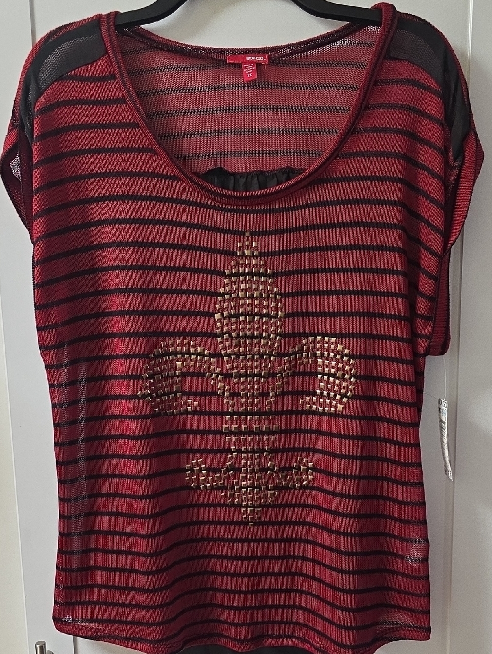 BONGO Red and Black Striped Short Sleeve Top with Gold Stud Fleur-de-Lis Size 1X